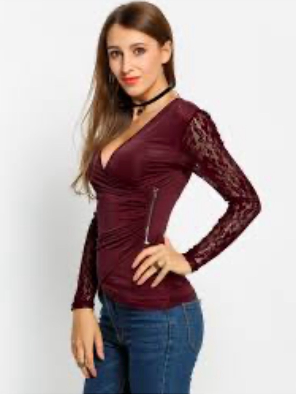 bebe Burgundy Lace-Back Wrap Long Sleeve Top